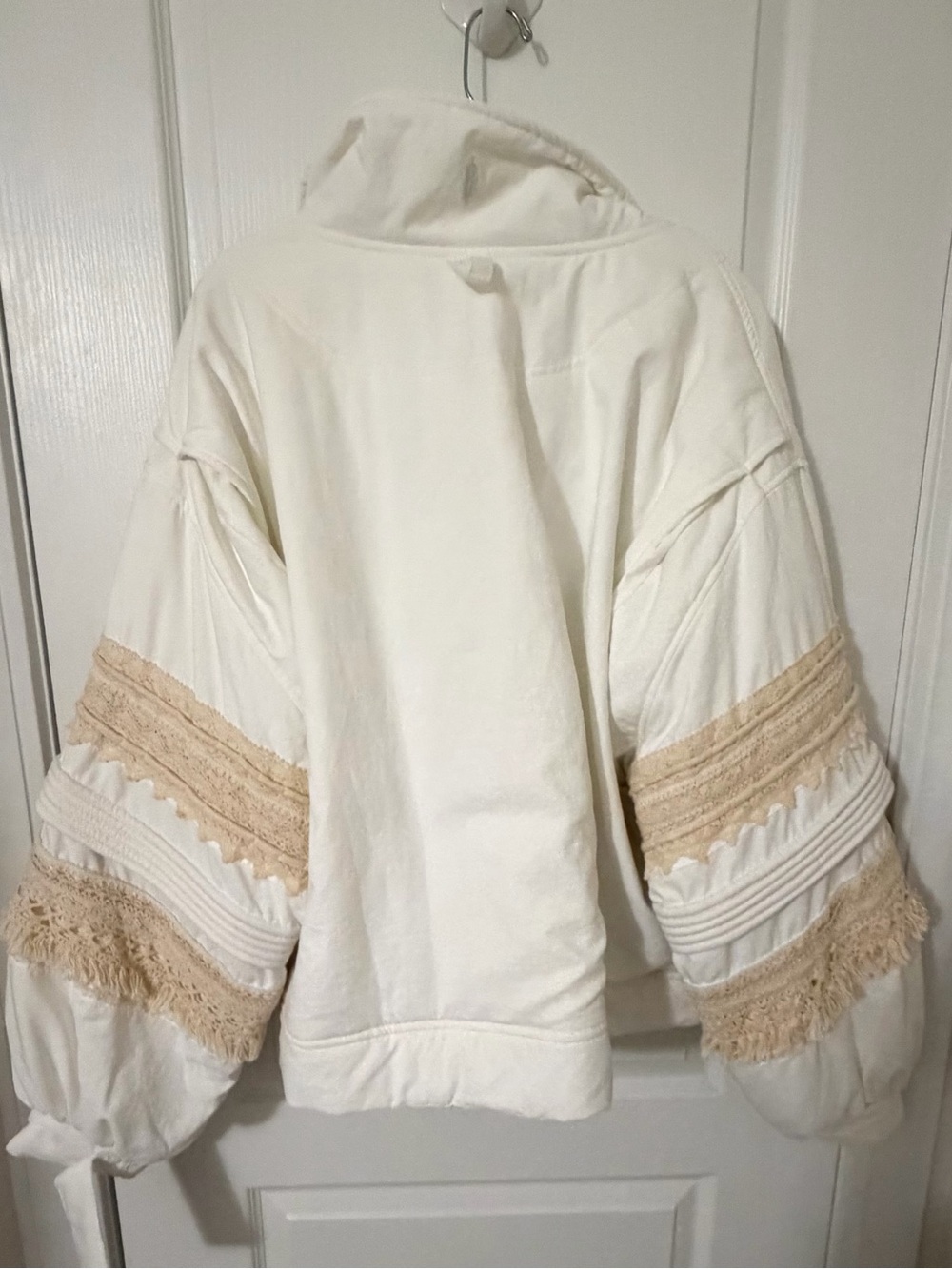 Free People Cream Bomber with Beige Lace-Trim Puff Sleeves